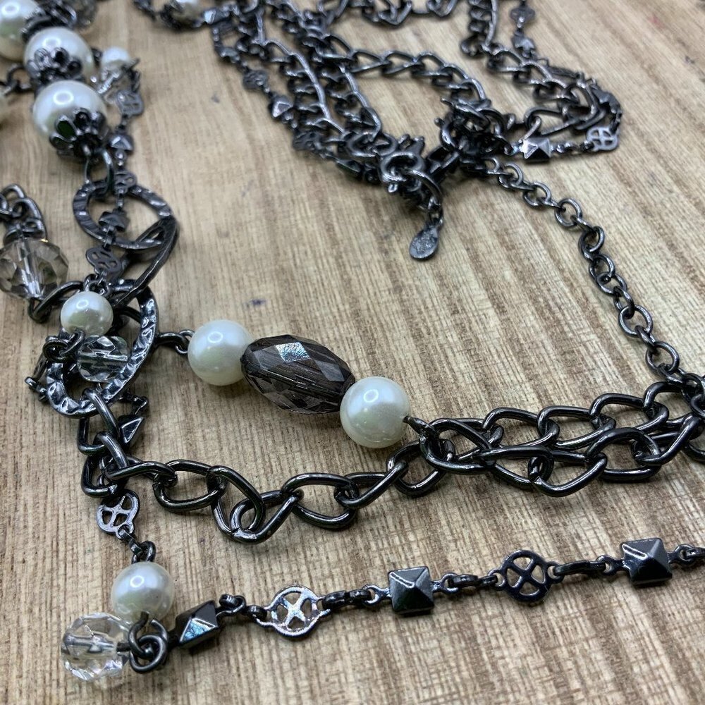 Premier Designs Gunmetal Triple Strands Faux Pearl Beaded Necklace